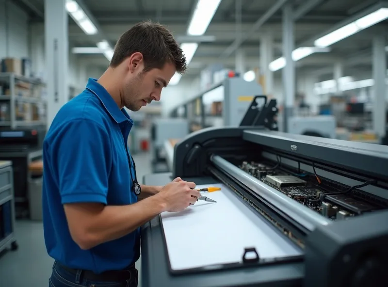 Technician repairing a wide format plotter